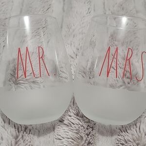Rae Dunn Mr. and Mrs. Stemless Wine Glasses with Frosted Bottoms